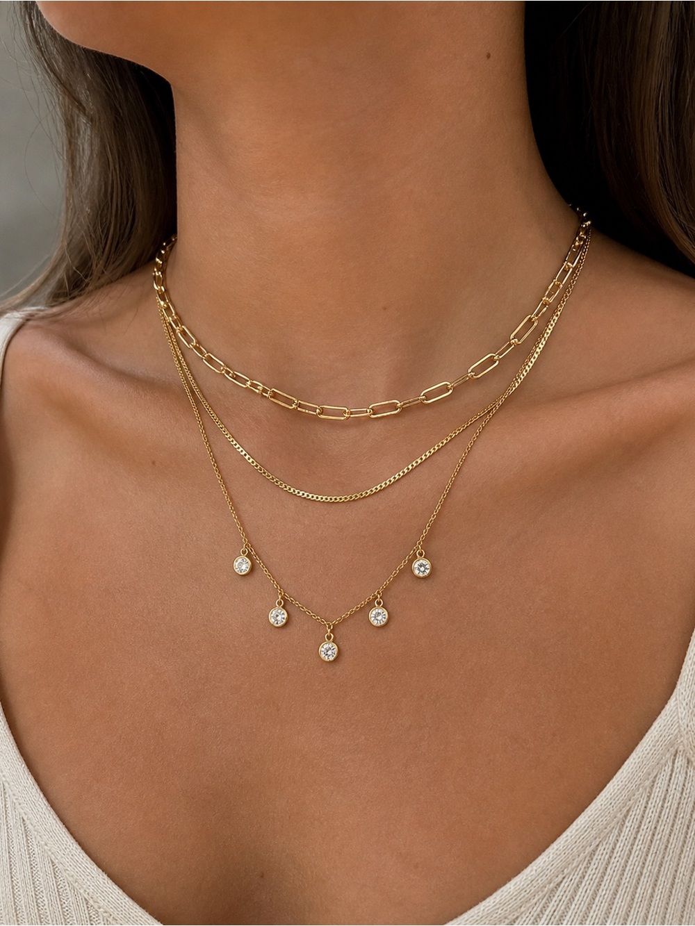 Zara Gold Layered Chain Necklace with CZ Drop Pendants